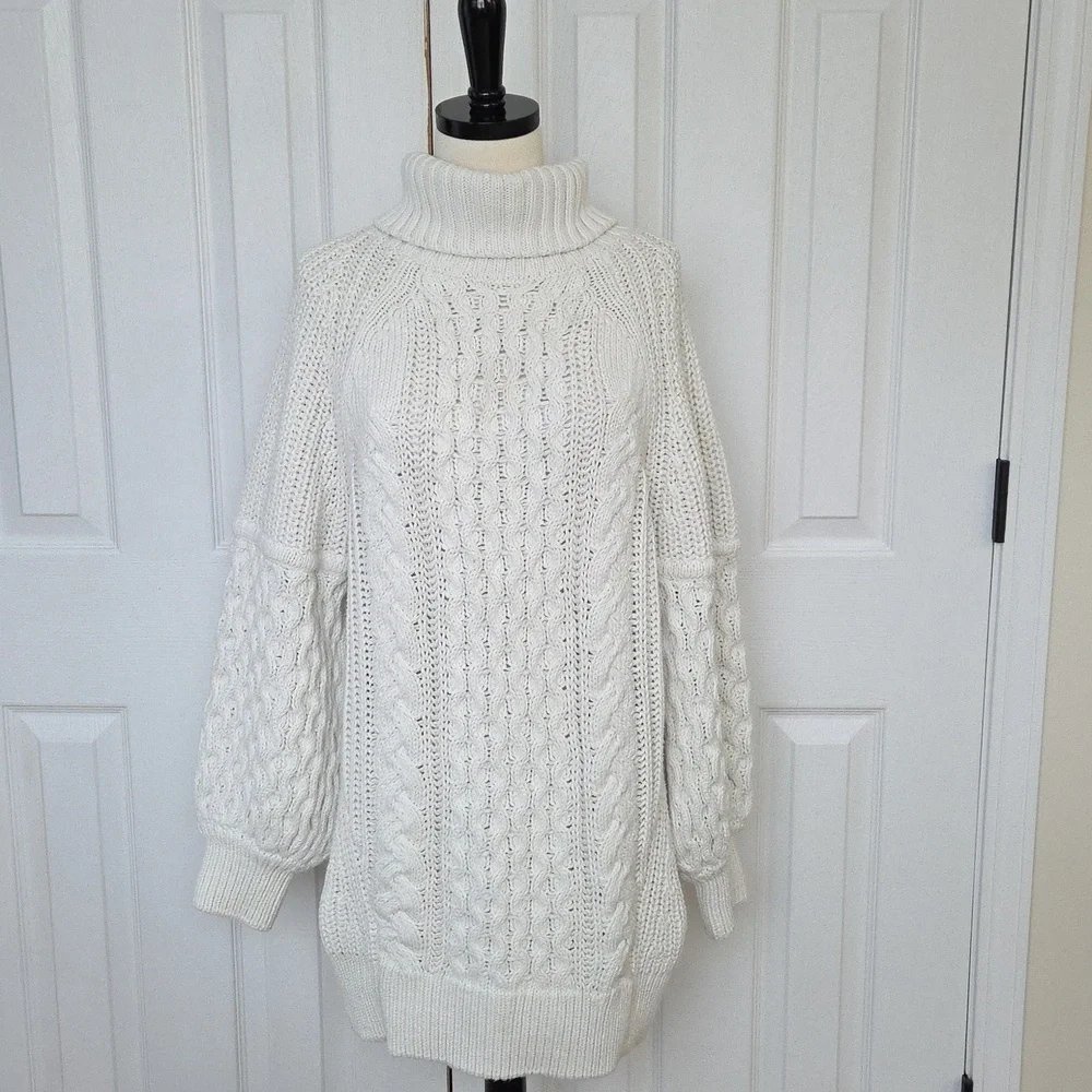 JOIE EMERA TURTLENECK OVERSIZED LONG CABLE KNIT SWEATER MINI DRESS MEDIUM
